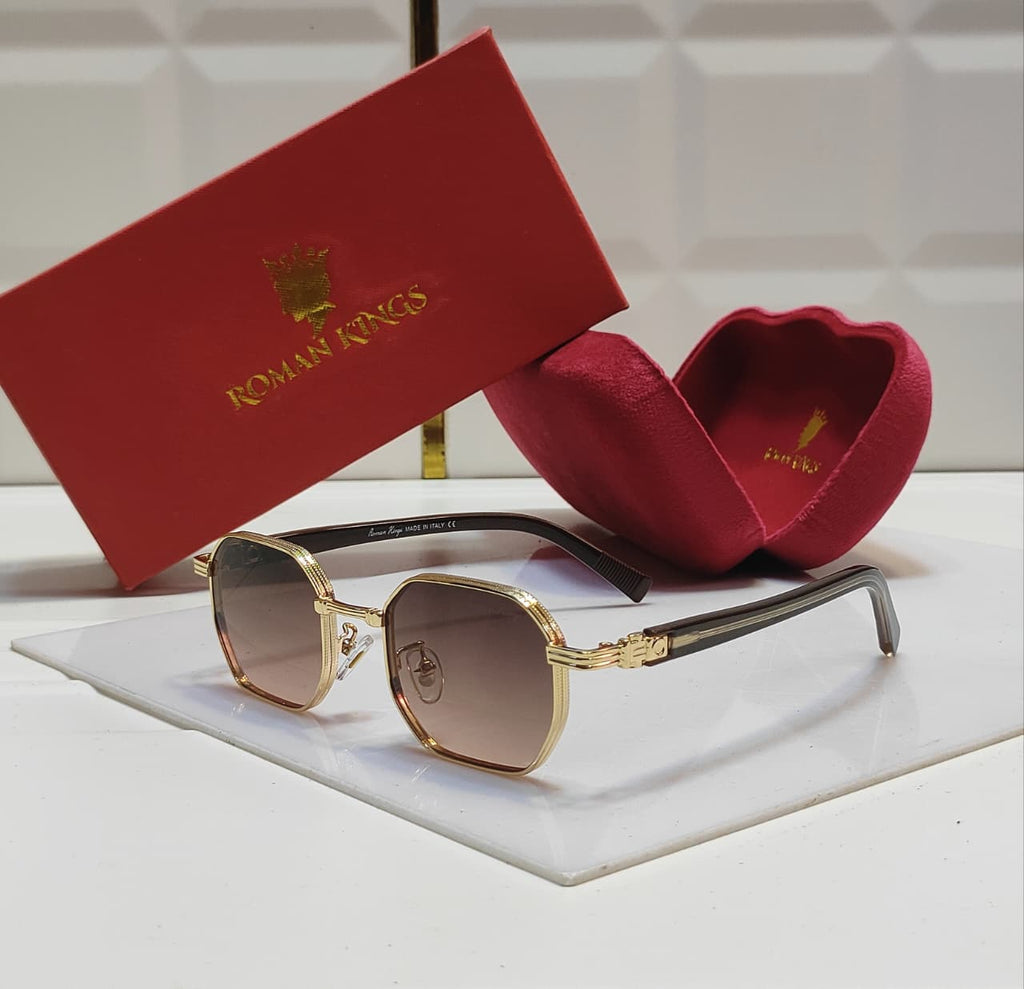 Octagonal Metallic Gold Deep Brown Sunglasses