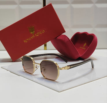 Octagonal Metallic Gold Deep Brown Sunglasses