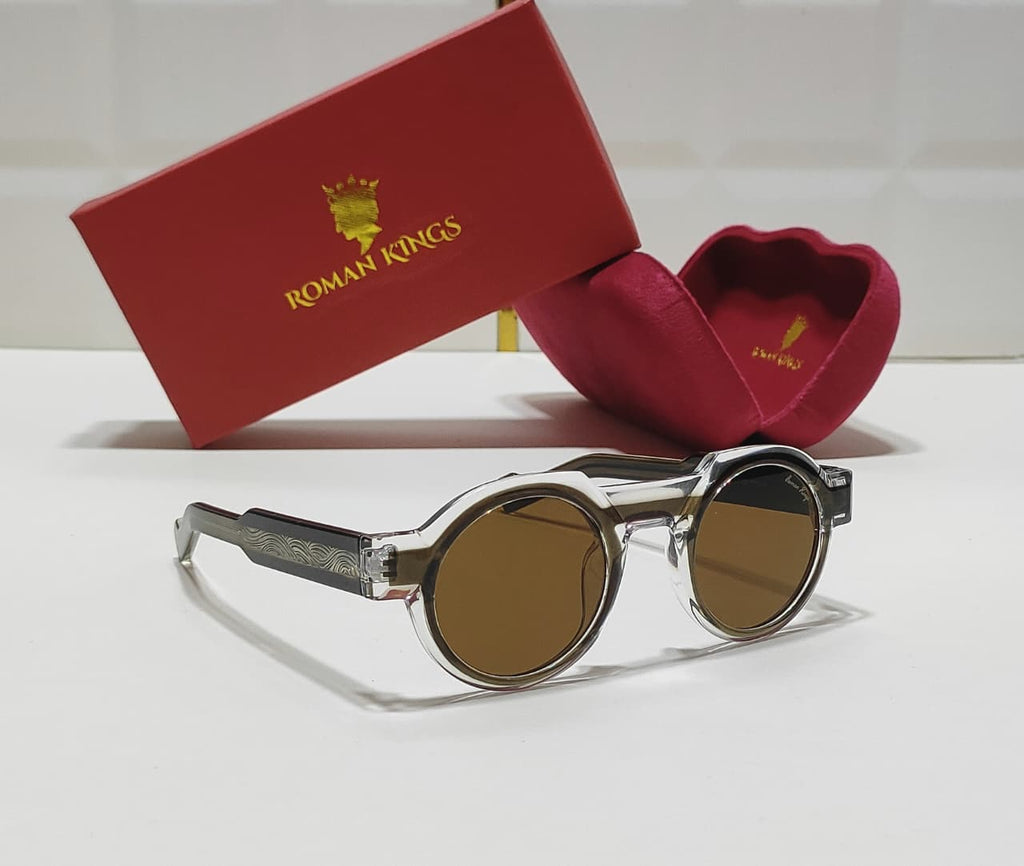 Circular Amber Brown Clear Frame Sunglasses
